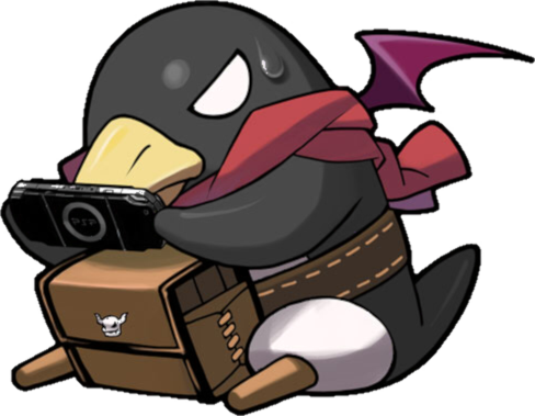 Angry black prinny (looking like Tux), playing on a PSP