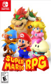 Box art for Super Mario RPG for the Switch. It features Bowser and Princess Peach in the background, with Geno, Mario, and Mallow in front, and the title Super Mario RPG in the foreground.